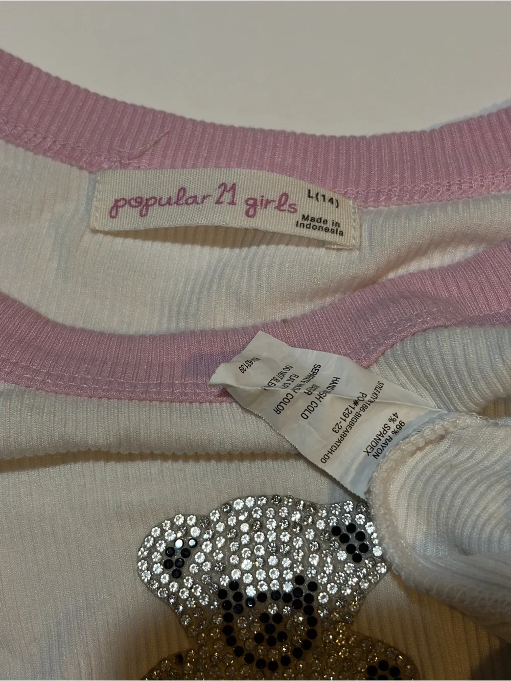 Popular 21 Girls L 14 Y2K Rhinestone Teddy Bear Baby Tee Pink Ringer Top